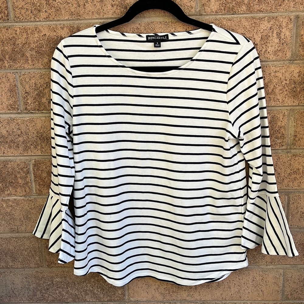 J Crew Mercantile Long Sleeve Navy and White Stripes size small flared sleeves